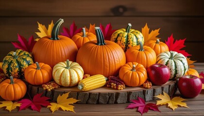 Autumn Pumpkins and Gourds with Apples and Corn 300 DPI. Perfect for fall festivals, Thanksgiving, and seasonal decor projects. AI generated image