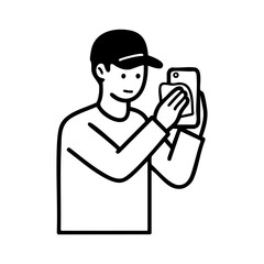 Man cleaning smartphone screen with disinfectant, emphasizing hygiene, safety, and cleanliness during everyday technology use.
