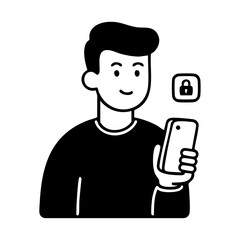 Smiling man checking smartphone with lock icon, symbolizing safe login, cybersecurity awareness, and confidence in secure digital access.
