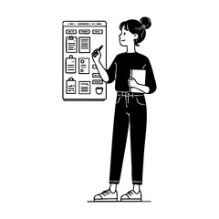 Woman planning tasks on a large digital board, symbolizing productivity, project management, and time organization for business or study.