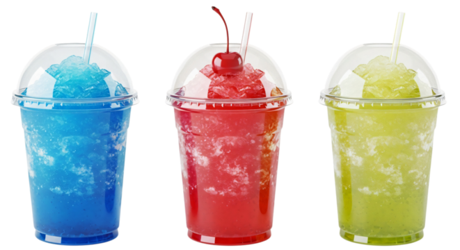 Three colorful slushies in plastic cups with lids and straws, isolated on transparent background