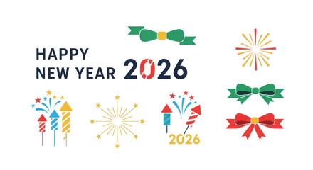 Happy New Year 2026 Celebration with Fireworks and Bows.