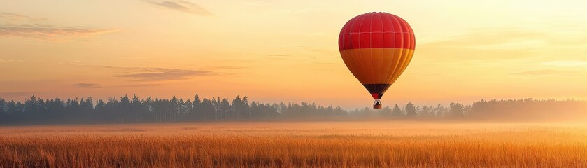 Fototapeta premium Red and yellow hot air balloon floats over a foggy field and distant forest at sunrise