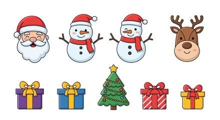 Collection of cute Christmas characters and holiday elements.