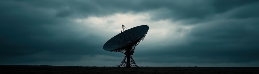 Large satellite dish antenna silhouetted against a dramatic cloudy sky