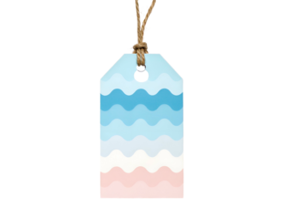 A decorative tag with wavy ocean and sand colored stripes