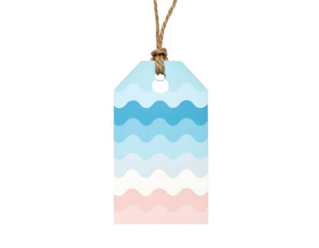 A decorative tag with wavy ocean and sand colored stripes