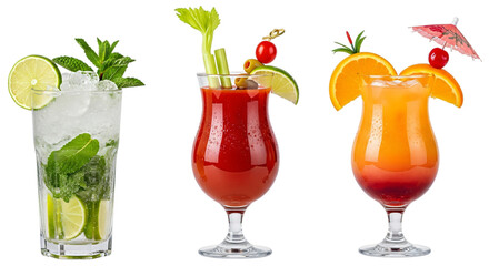 Assortment of three popular cocktails mojito, bloody mary, and screwdriver, isolated on transparent background