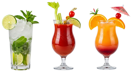 Assortment of three popular cocktails mojito, bloody mary, and screwdriver, isolated on transparent background