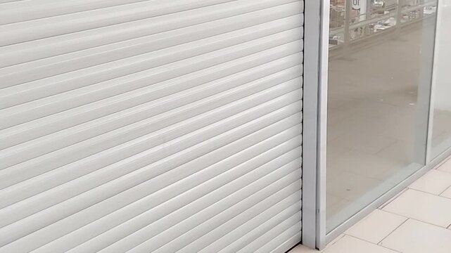 White roller shutter and glass storefront in a mall clean light tiled floor camera movement bottom to top versatile background for retail security and b roll