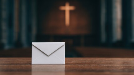 Folded letter on church desk altar view religious setting spiritual content blurred background for reflection