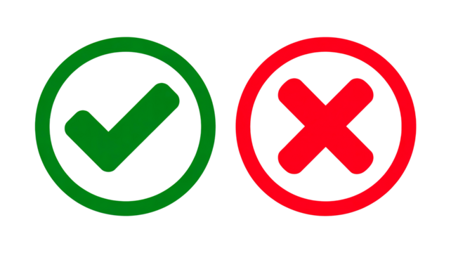 Right and wrong check mark icons for correct and incorrect use isolated on transparent background