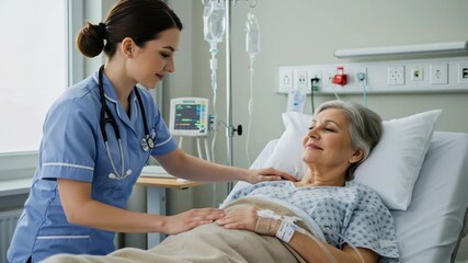 A young caucasian woman nurse caring for an elderly woman patient in bed during her hospital recovery from an illness, medical footage.