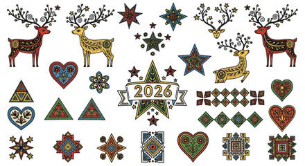 Collection of Folk Art Inspired Reindeer, Stars, Hearts, and Geometric Shapes for 2026.
