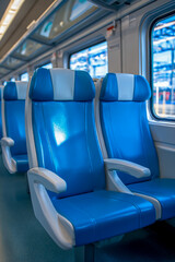 Modern train interior with rows of empty blue seats and windows showing passing scenery
