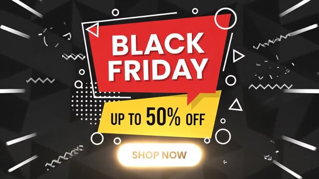 This vibrant promotion banner showcases a big Black Friday sale, highlighting amazing discounts up to fifty percent off, urging customers to shop.