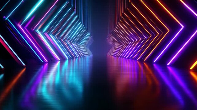 Futuristic neon tunnel with glowing geometric arrow shapes in blue, purple, pink, and orange tones