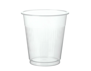 Clear, ribbed disposable drinking cup on a black background