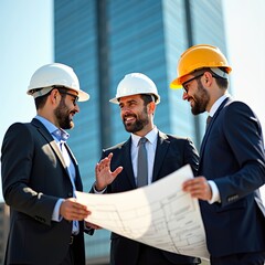 Engineering and architectural collaboration with a team of professionals discussing building plans on a construction site