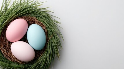 Decorating easter eggs in a birds nest on green grass nature scene photography close-up easter celebration