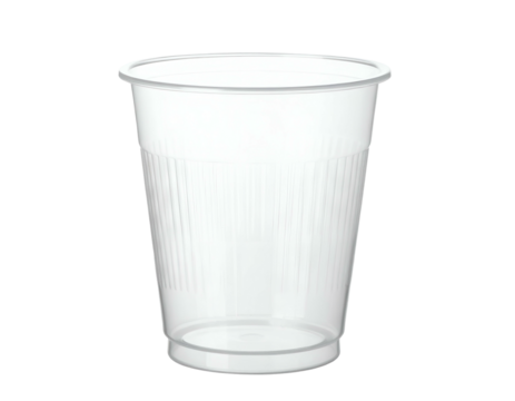 Clear, ribbed disposable drinking cup on a black background