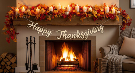 Warm and inviting Thanksgiving scene featuring a decorated fireplace mantel with candles, pumpkins, fall foliage, and a 'Happy Thanksgiving' banner, with a roaring fire and a comfortable armchair