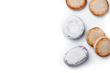 Traditional Spanish Christmas sweets assortment isolated on white background. Top view. Copy space