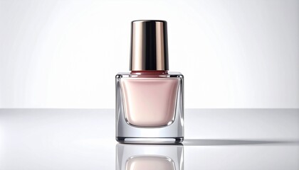 A light pink nail polish bottle with a rose gold cap sits on a reflective surface against a white background