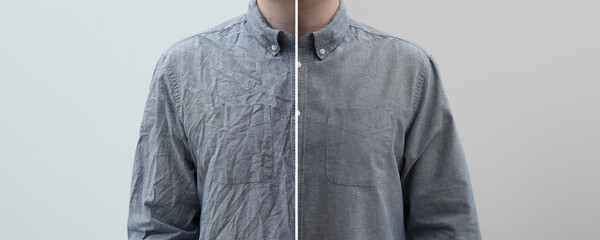Man in shirt before and after ironing, closeup. Collage on light background