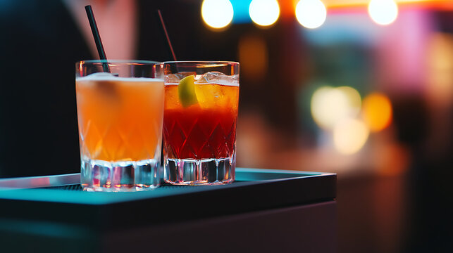Two refreshing cocktails stand on a tray, bathed in soft, colorful bokeh lights. The drinks offer a vibrant contrast, one a sunny orange, the other a deep, rich red.