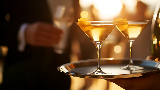 Elegant cocktails on a silver tray, served during a refined social gathering. The warm lighting and blurred background create a sophisticated atmosphere. - Powered by Adobe