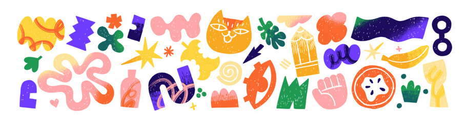 Set of abstract doodle figures. Colourful scribbles of cat's face, eye, hands, leaves and forms. Different geometric shapes, curves and elements. Flat isolated vector illustration on white background
