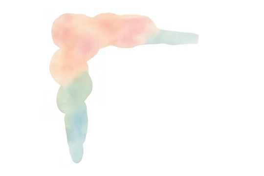 Abstract watercolor corner art element creating a soft pastel frame with blending pink, orange, and blue colors