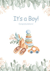 Watercolor baby shower invitation for a boy with wooden toys, shoes and greenery. Hand drawn card template. Ideal for newborn celebration or baby announcement, gender reveal party.