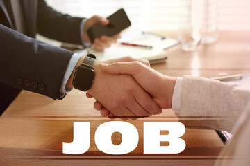 Job search. Recruiter and candidate shaking hands in office, closeup