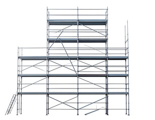 Industrial metal scaffolding structure with multiple levels and cross braces