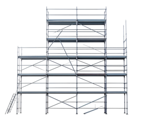 Industrial metal scaffolding structure with multiple levels and cross braces