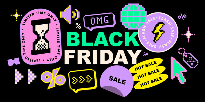 Set of y2k Black Friday shopping stickers in 8 bit retro game digital nostalgic style. Percentage symbol, lightning flash, countdown clock. Promotion special offer and sale vector elements on black bg