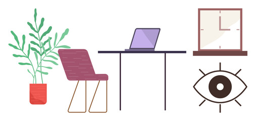 Laptop on sleek desk with minimalist chair, green plant in red pot, clock on window, and symbolic eye icon. Ideal for productivity, technology, remote work, focus, analytics innovation simple flat