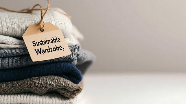 Pile of neatly folded clothes with a tag reading "Sustainable Wardrobe." A minimalist aesthetic promotes eco-friendly fashion and conscious consumer choices. #sustainablefashion