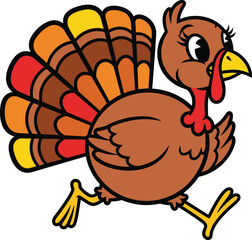 Cute cartoon turkey running happily with colorful feathers, fun Thanksgiving animal illustration for holiday greeting, festive decoration, and autumn design
