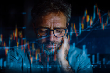 Mature businessman looking stressed and worried while analyzing financial charts and data at night