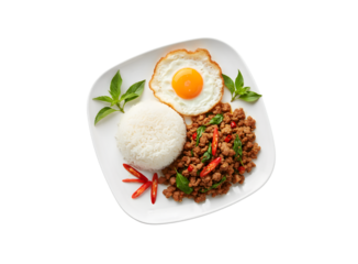 Spicy pork stir-fried with basil leaves, accompanied by rice and an egg on a plain white background

