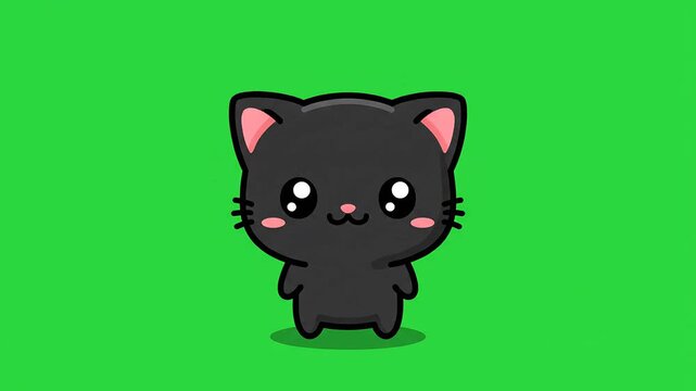 Cartoon black cat stands upright, isolated on bright green background, presented in a simple, flat vector graphic style with kawaii elements.