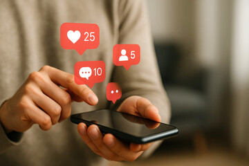 Person using smartphone with social media notification icons appearing like comment