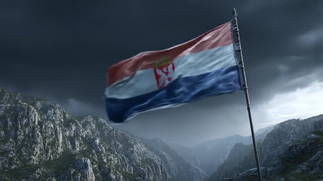 A flag waves in a storm, lightning flashes over mountains. Dark clouds fill the sky