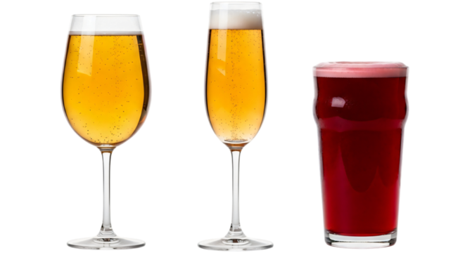 Three glasses of alcoholic and nonalcoholic beverages including champagne, beer, and juice isolated on transparent background