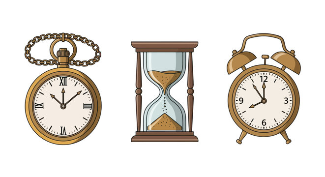Vintage timekeeping devices collection with pocket watch hourglass and alarm clock.