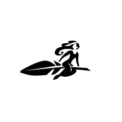 Dynamic black silhouette of a witch flying on a broomstick, hair flowing in the wind. Symbolizes Halloween, magic, speed, and fantasy. Great for seasonal designs.