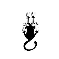 Funny black cartoon cat desperately hanging and scratching with wide eyes. Humorous, mischievous, and exaggerated feline drawing. Great for pet lovers and apparel.